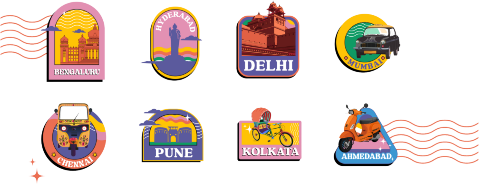 Illustrated city badges for Bengaluru, Hyderabad, Delhi, Mumbai, Chennai, Pune, Kolkata and Ahmedabad