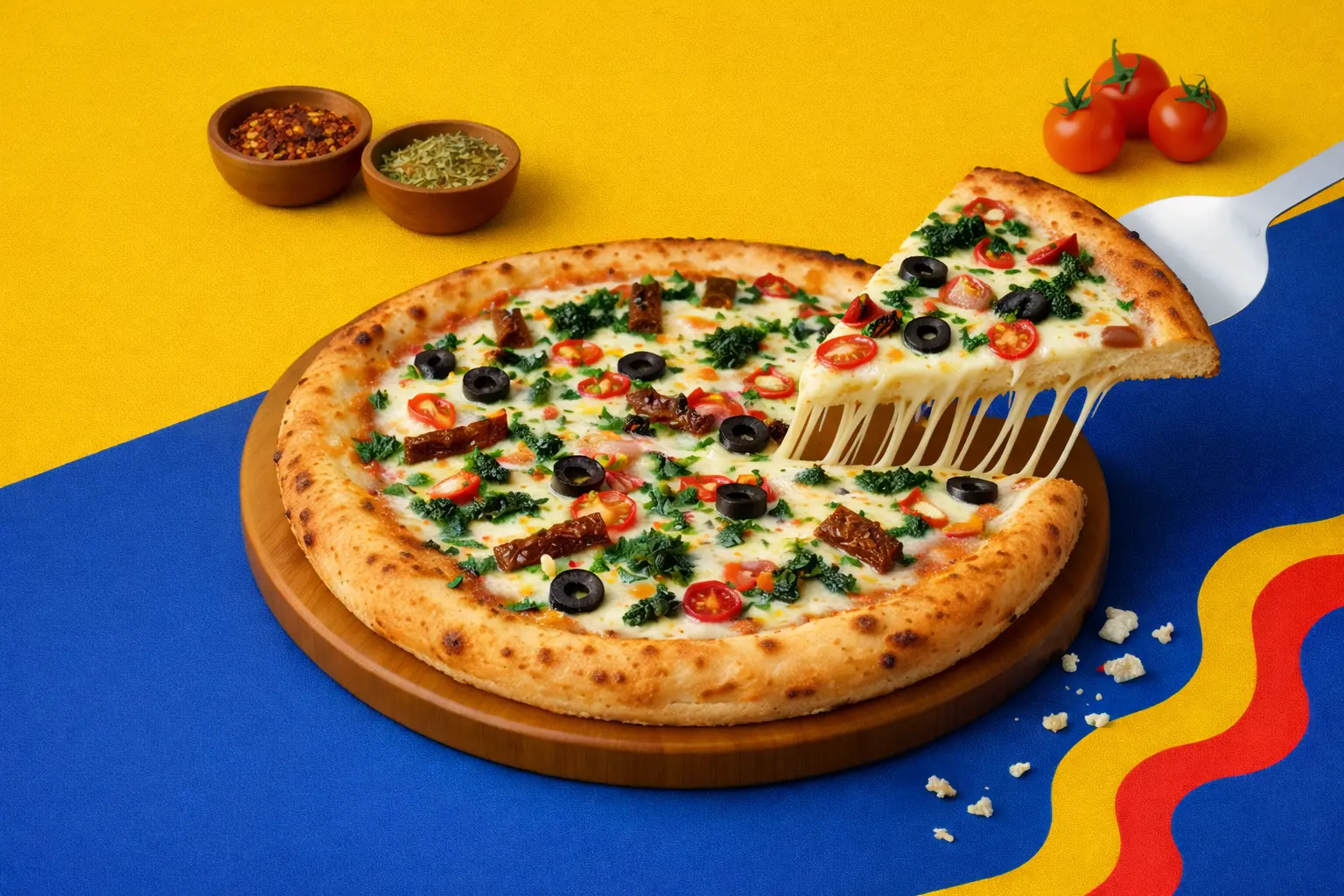OLIO Mediterranean Woodfired pizza with a smoky crust and cheese pull
