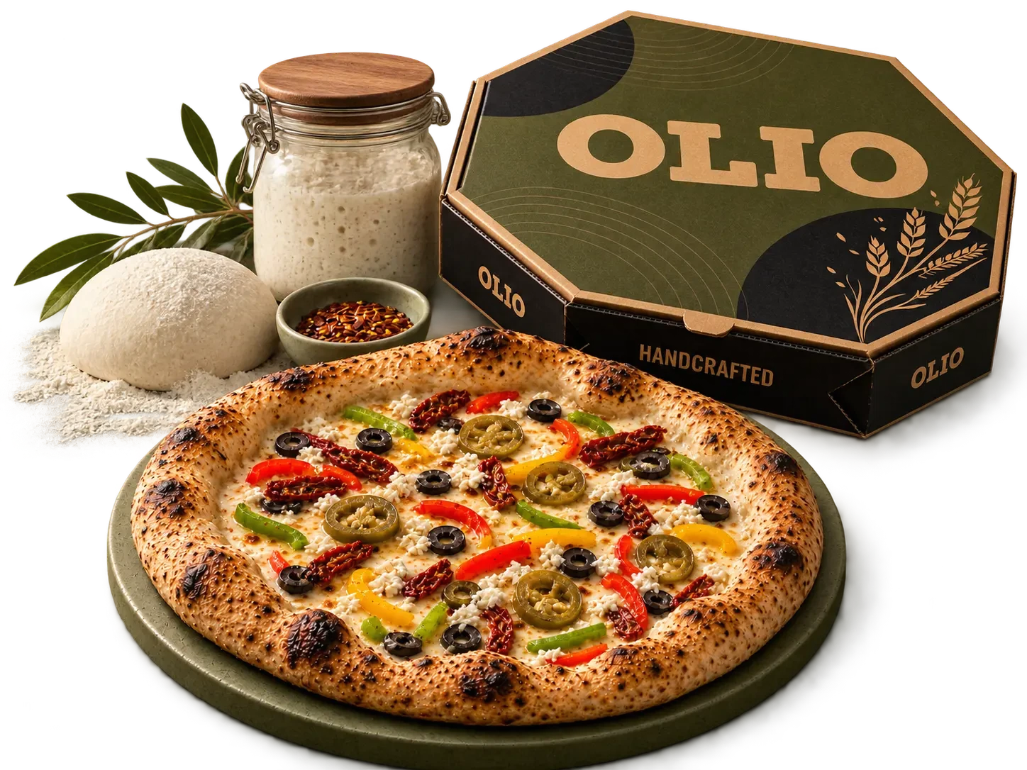 OLIO Sourdough pizza with a blistered, airy crust