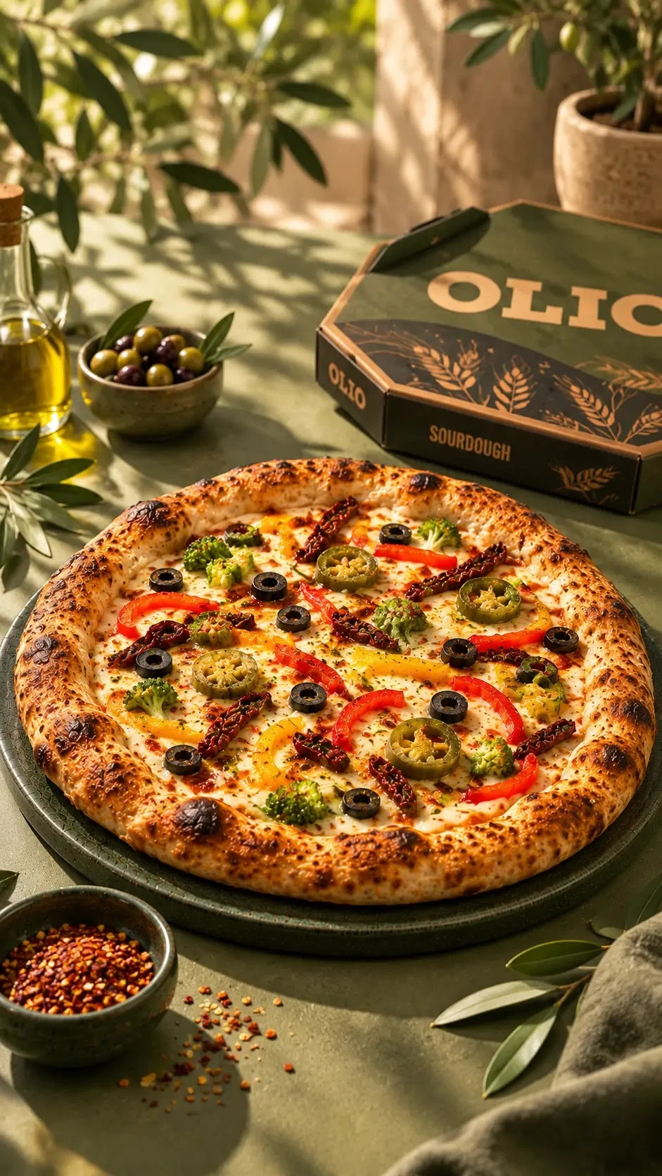 OLIO Sourdough pizza with an airy, blistered crust